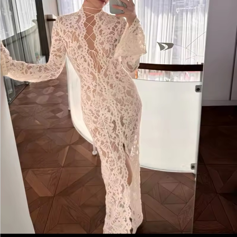 Long Sleeve Lace Maxi white sexy resort risky edgy hot dress bridal bride wife - Picture 8 of 9